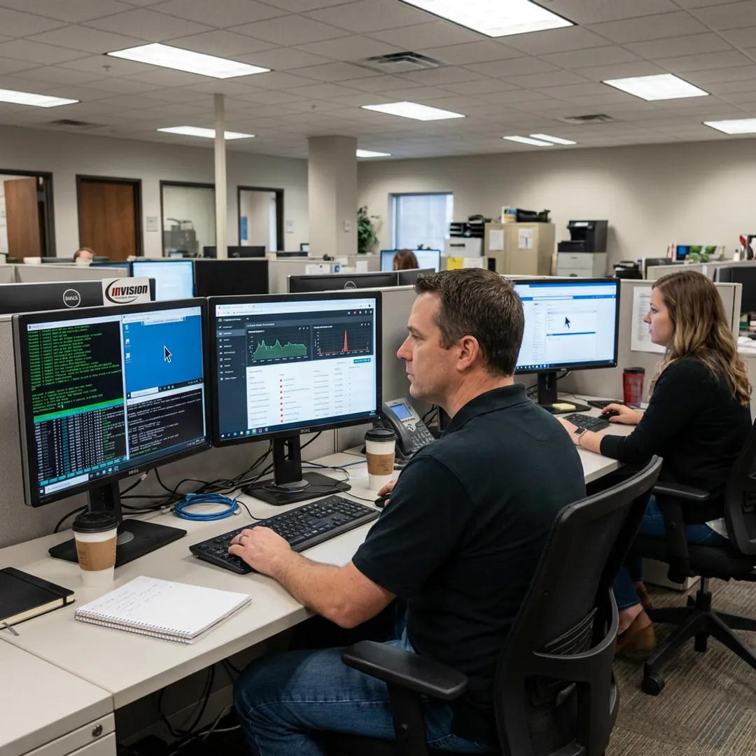 Technician providing remote IT support to a business user