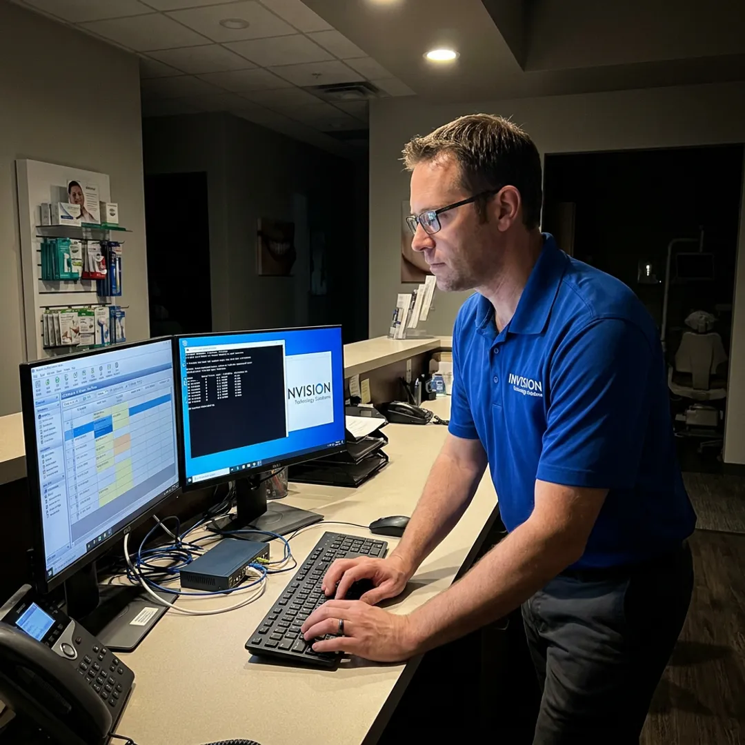IT specialist assisting a dental office during an urgent system issue