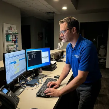 IT specialist assisting a dental office during an urgent system issue