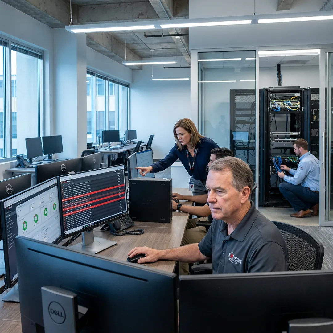 Business IT support team assisting office staff