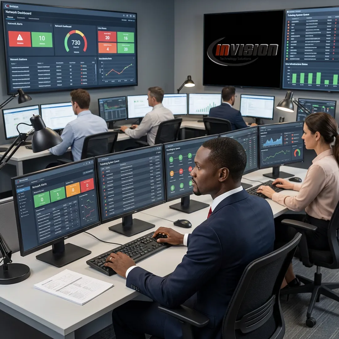 Managed IT support team reviewing systems and alerts