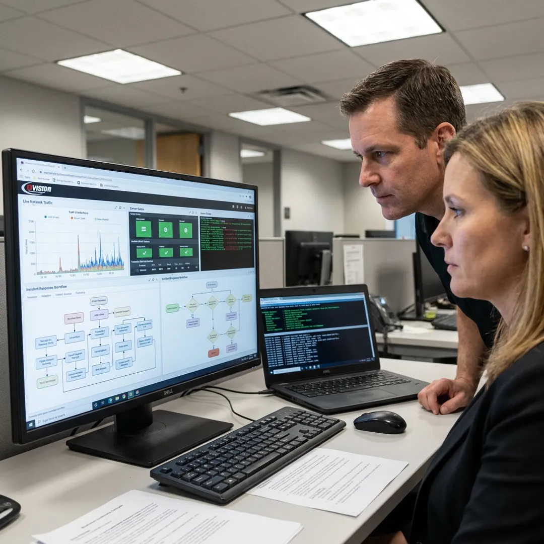 IT disaster recovery planning team reviewing emergency response systems