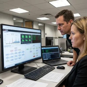 IT disaster recovery planning team reviewing emergency response systems