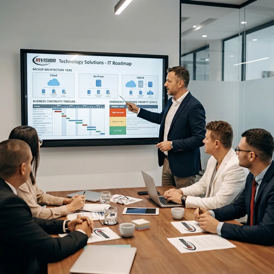 Consultant presenting disaster recovery strategy to business leaders