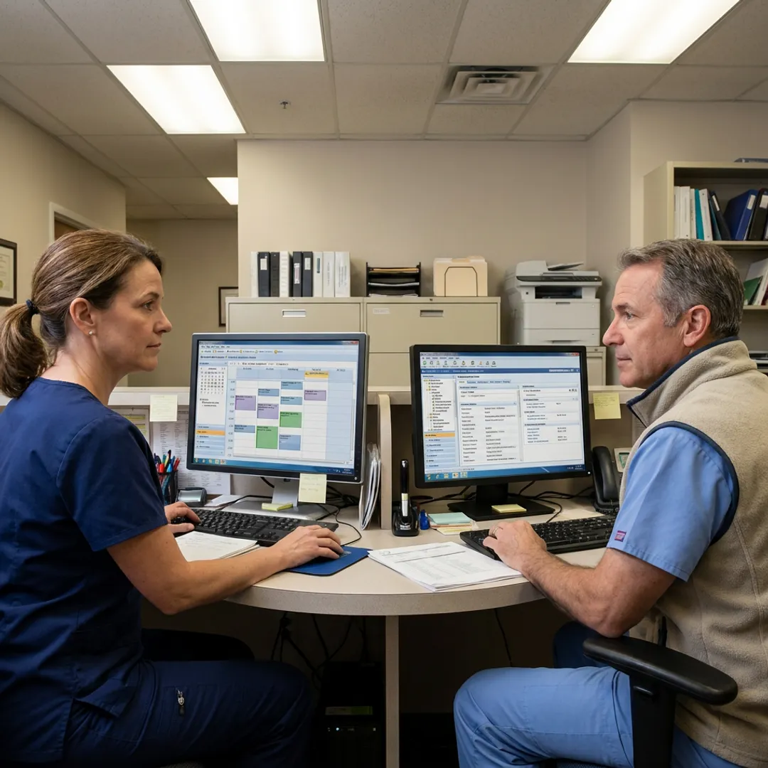 Medical office staff using secure healthcare IT systems