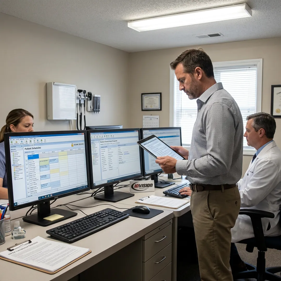 Medical office staff working with secure IT systems