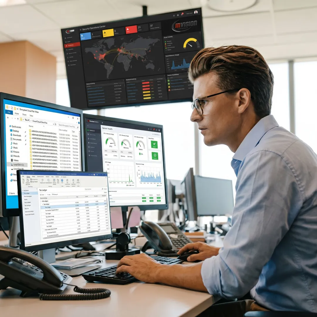 Technician reviewing secure tax firm cloud infrastructure
