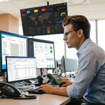 Technician reviewing secure tax firm cloud infrastructure