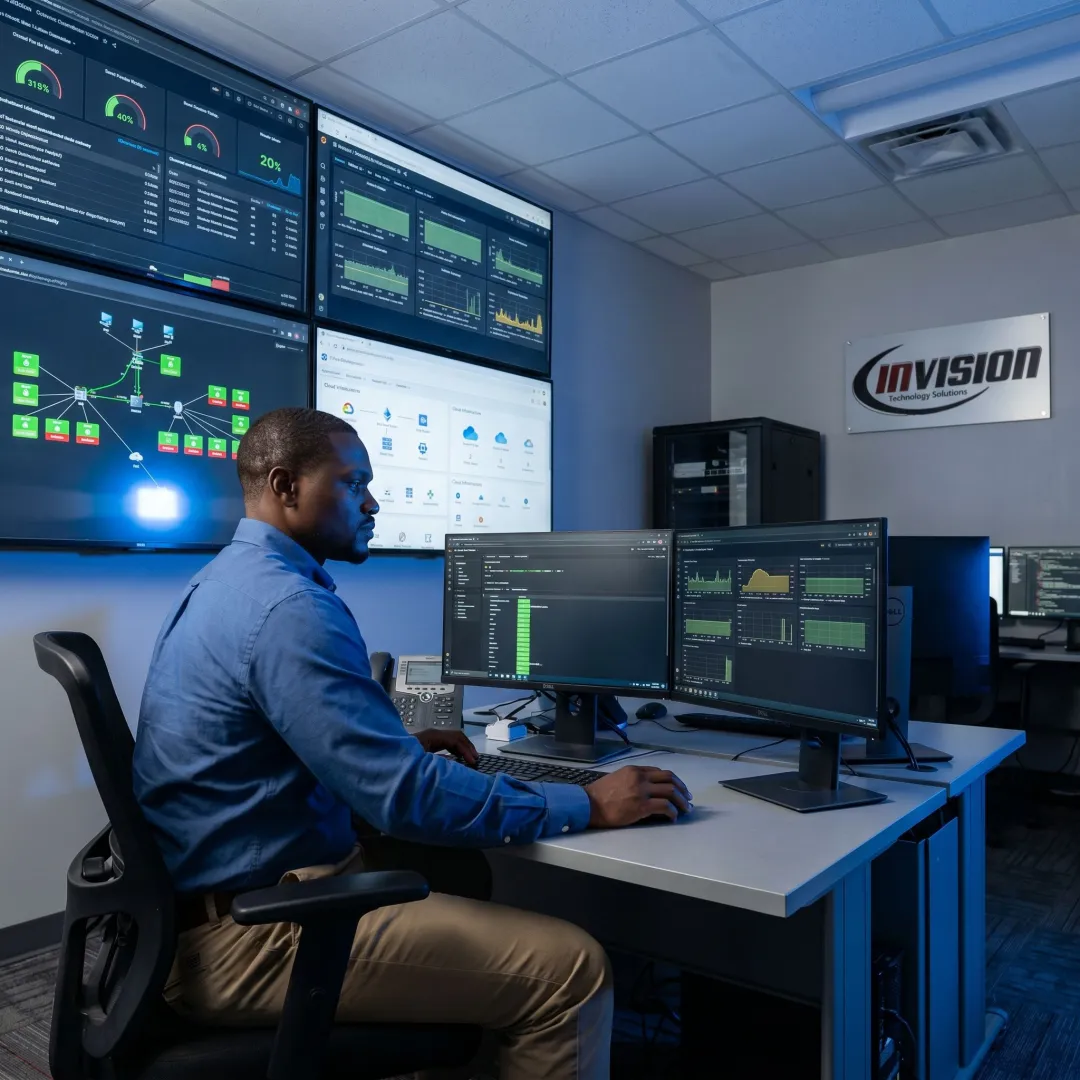 Remote IT technician monitoring business infrastructure