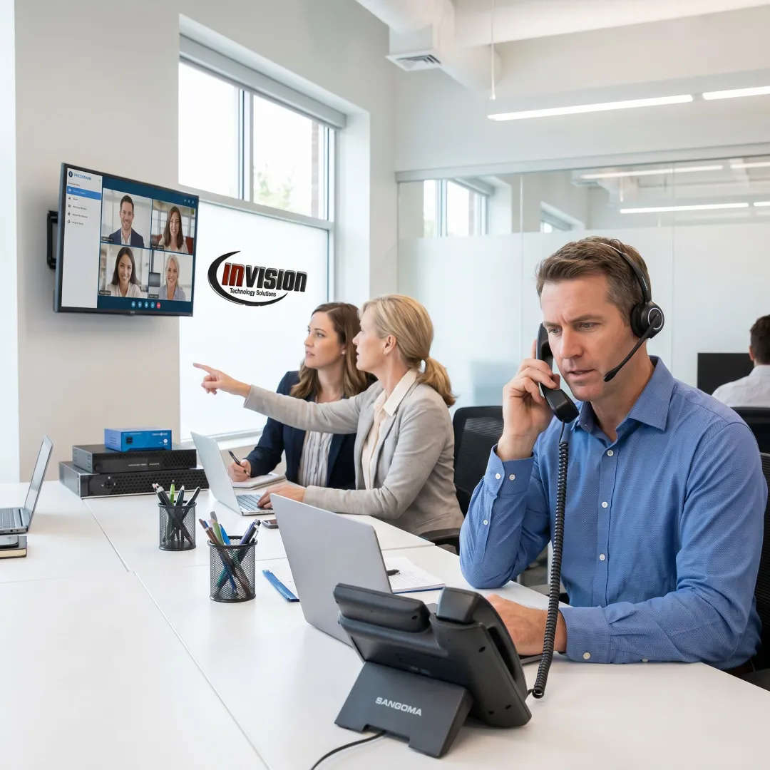 Small business team using a VoIP phone system