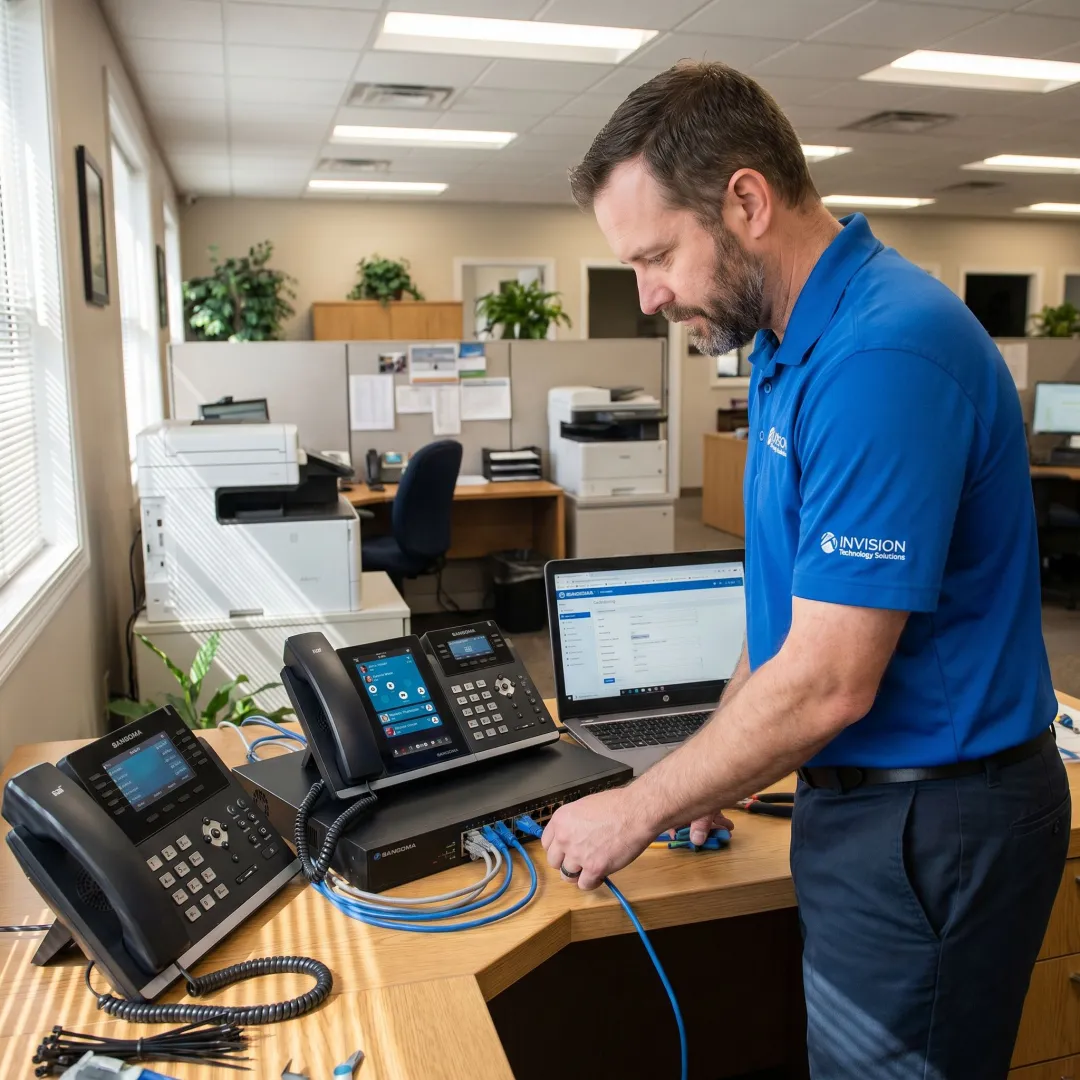 Technician configuring a VoIP phone system