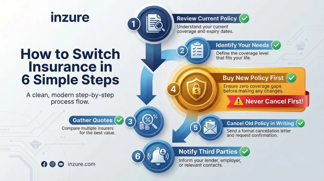 6-step insurance switching process flow from policy review to third-party notification