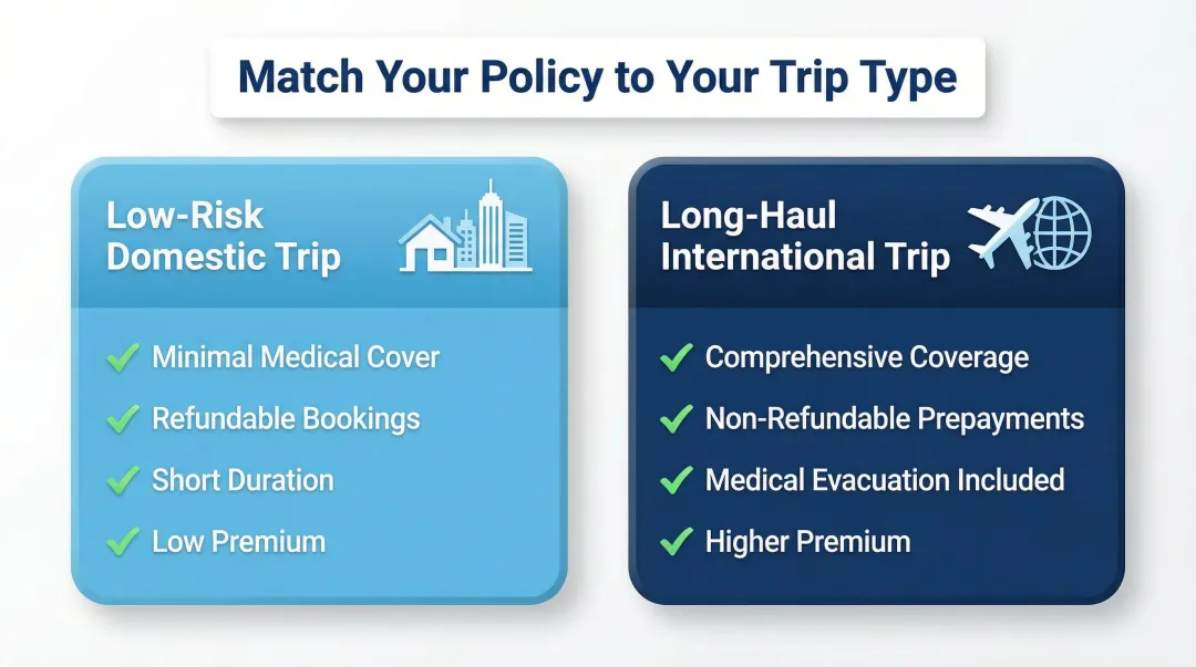 Travel insurance policy type matching guide domestic versus international trip comparison