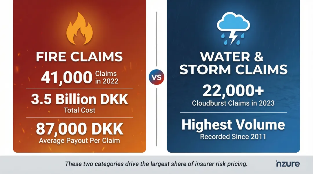 Danish home insurance fire and water damage claim statistics comparison infographic