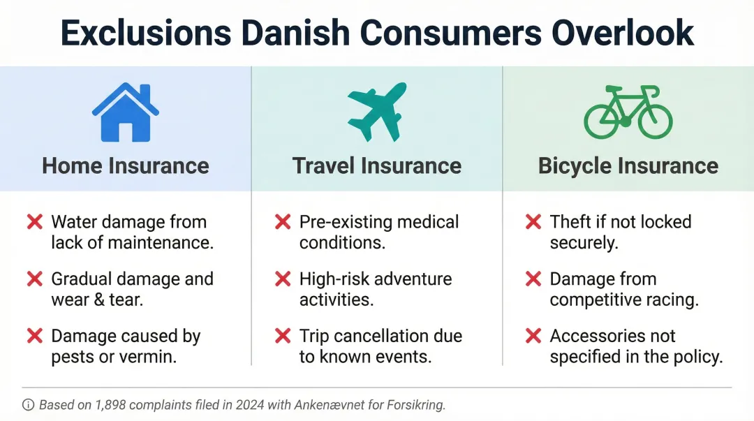 Common Danish insurance policy exclusions by category home travel and bicycle