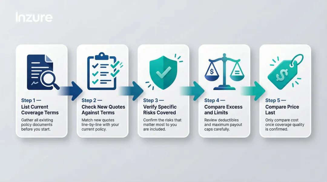 5-step like-for-like insurance coverage comparison process flow infographic