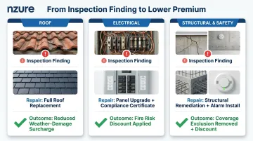 Home inspection findings mapped to insurance risk reduction and premium discounts
