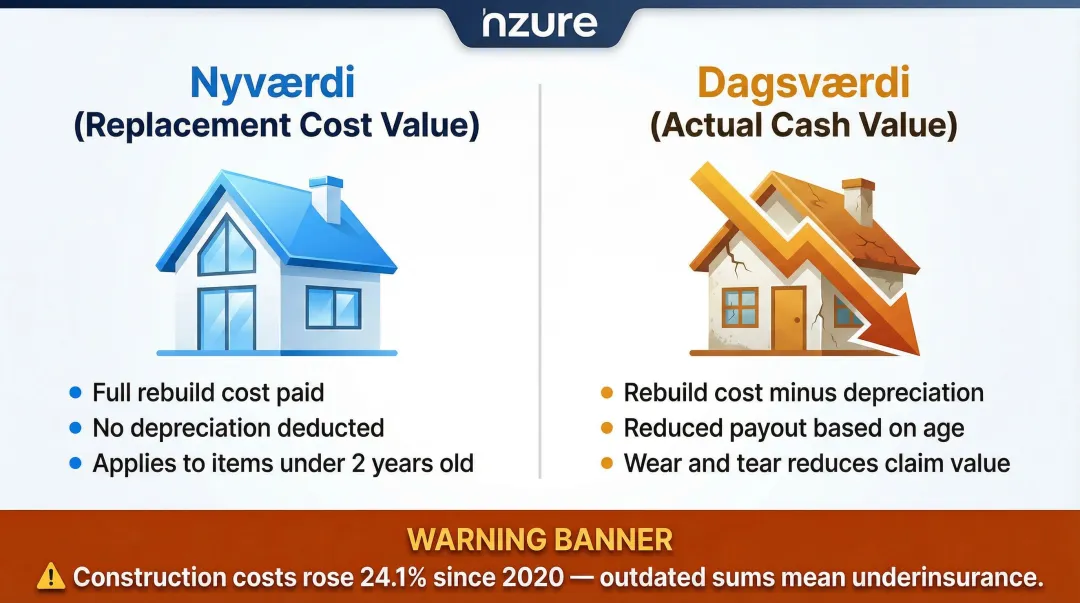 Danish home rebuild cost valuation types nyværdi dagsværdi comparison infographic
