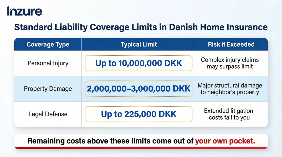 Standard Danish home insurance liability coverage limits comparison table infographic