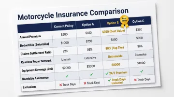 Motorcycle insurance policy comparison table with five factors across four provider columns