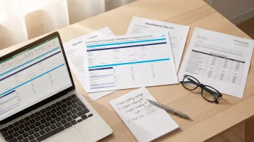 Danish insurance policy documents and premium comparison paperwork on desk