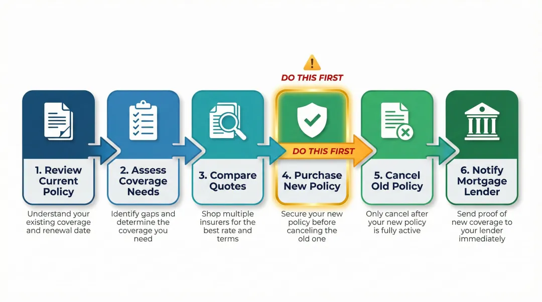 6-step Danish home insurance switching process flow diagram