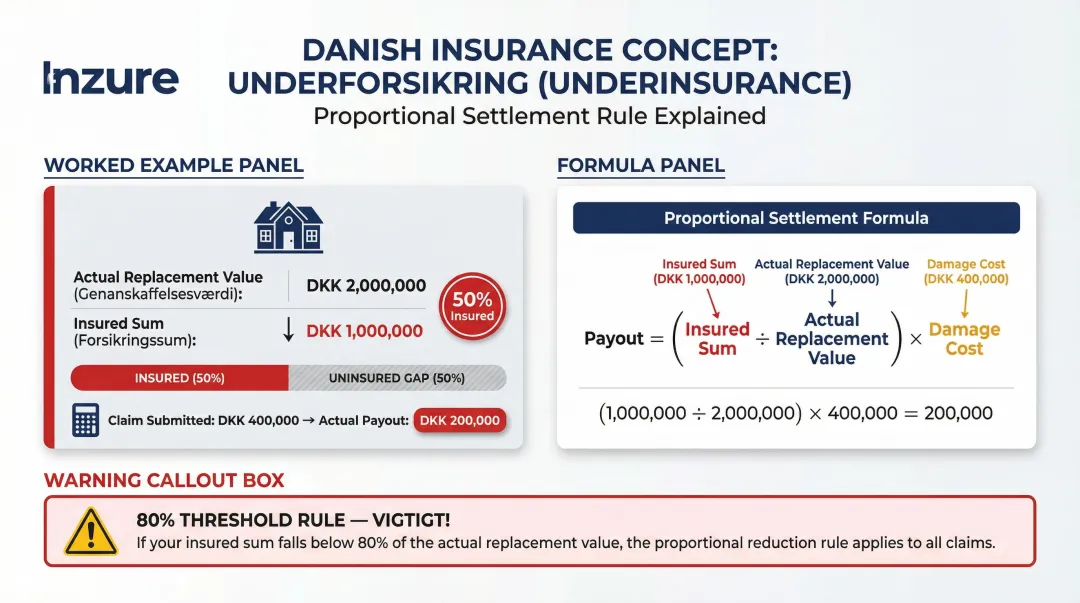 Danish underinsurance proportional payout calculation example with 80 percent rule