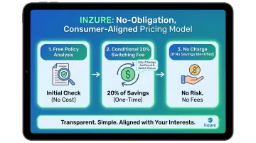 Inzure pricing model showing free analysis and savings-based switching fee structure