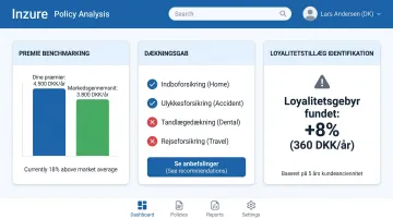Inzure policy analysis dashboard showing premium benchmarking coverage gaps and loyalty surcharges