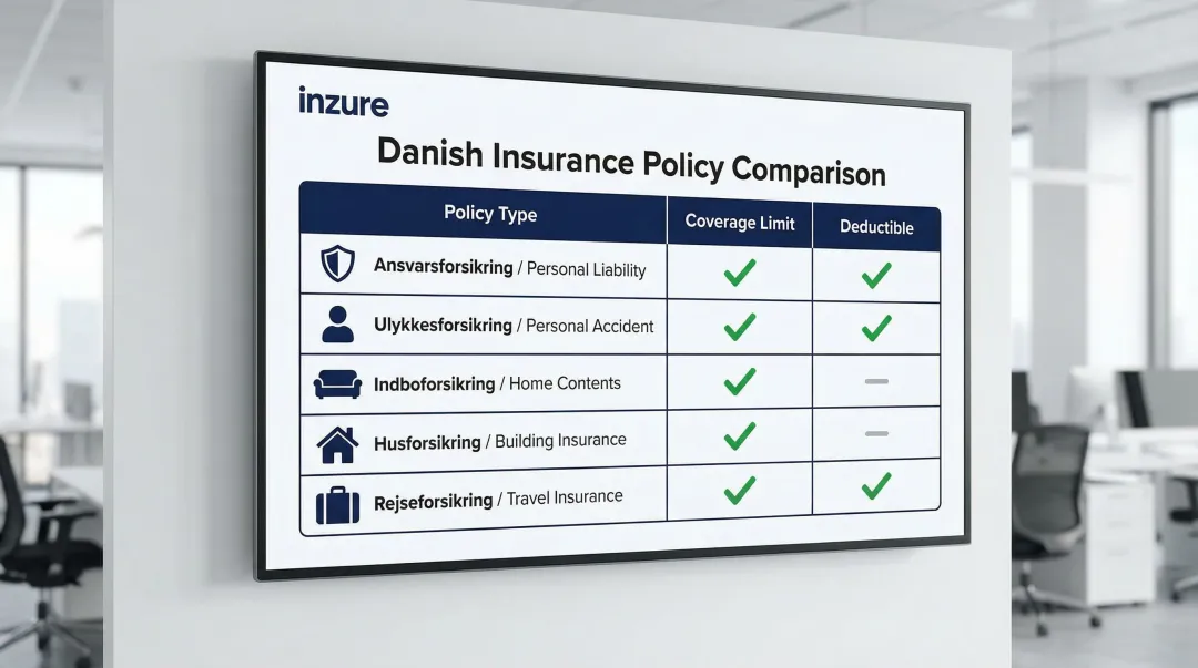 Danish insurance policy types limits and deductibles comparison table infographic