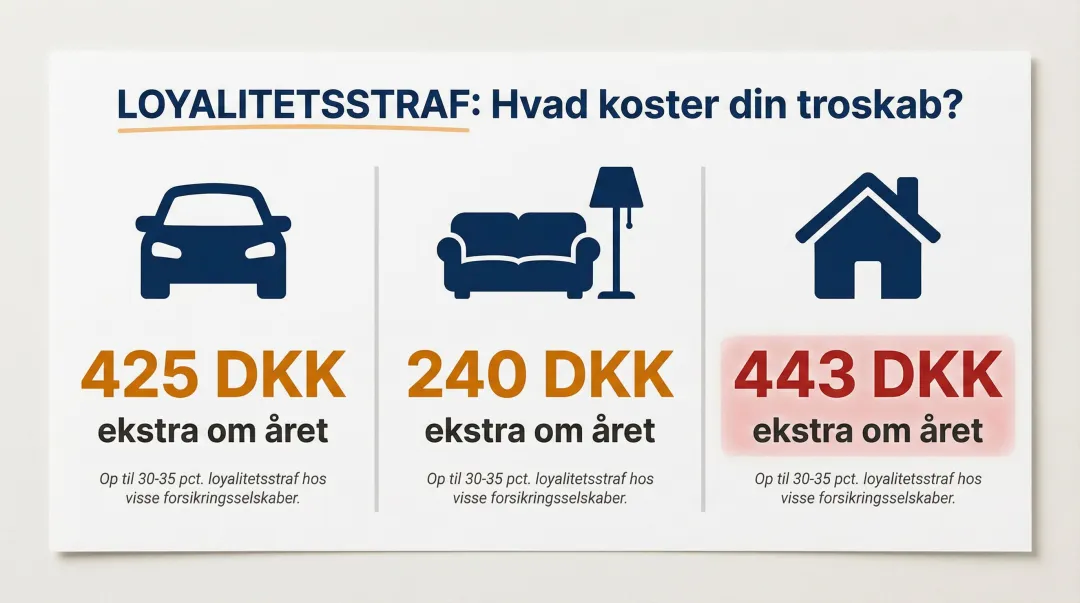 Danish insurance loyalty penalty comparison showing annual overpayment by policy type