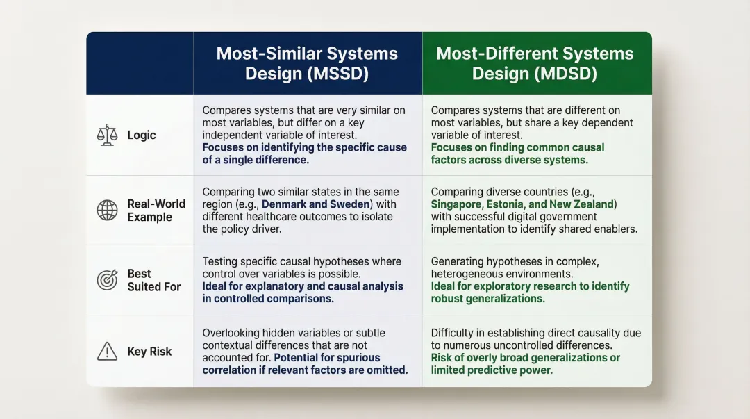 Most-similar versus most-different systems design comparison table for policy analysis