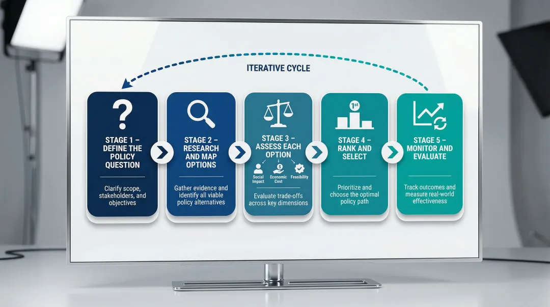 Five-step policy analysis framework from problem definition to implementation monitoring