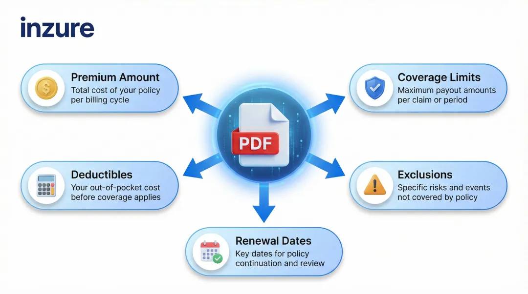 AI insurance document analysis key data fields extraction process infographic