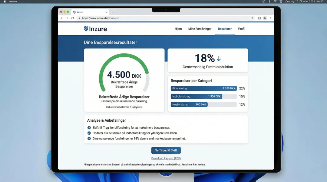 Inzure platform dashboard displaying verified customer savings and premium reduction results