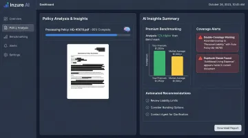 Inzure AI insurance analysis platform dashboard showing policy comparison and savings results