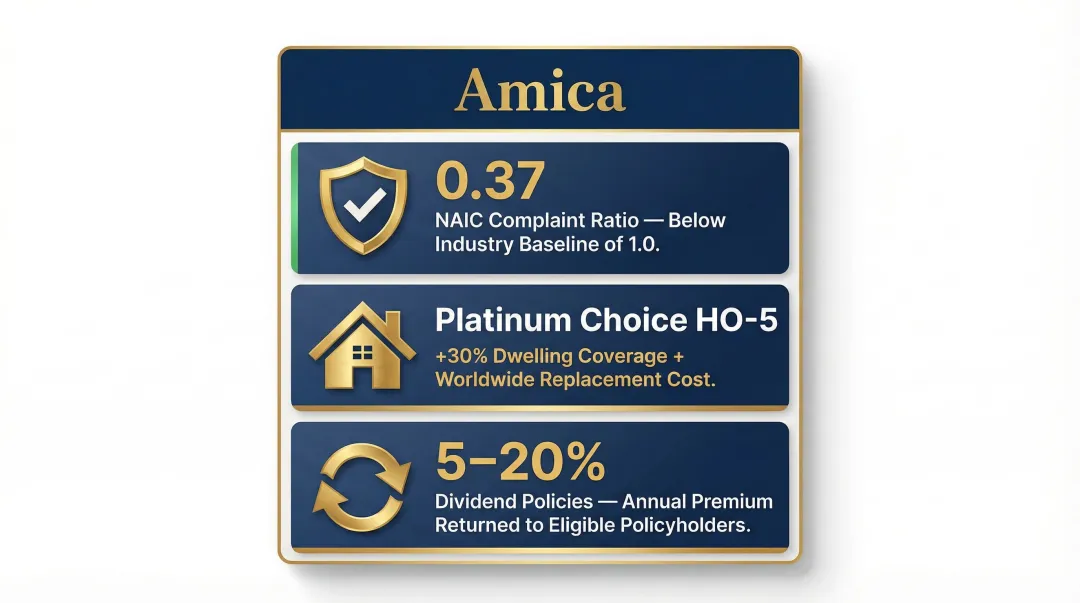 Amica homeowners insurance key features comparison including NAIC ratio dividend policies and coverage