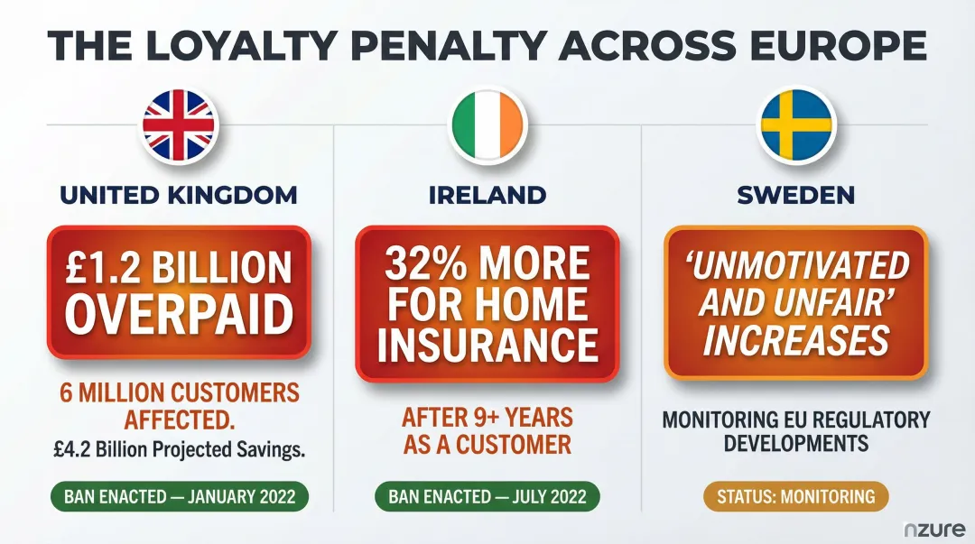 Loyalty penalty comparison across UK Ireland and Sweden insurance markets infographic
