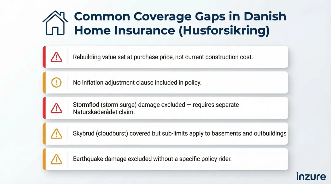 Five common husforsikring coverage gaps checklist infographic for Danish homeowners