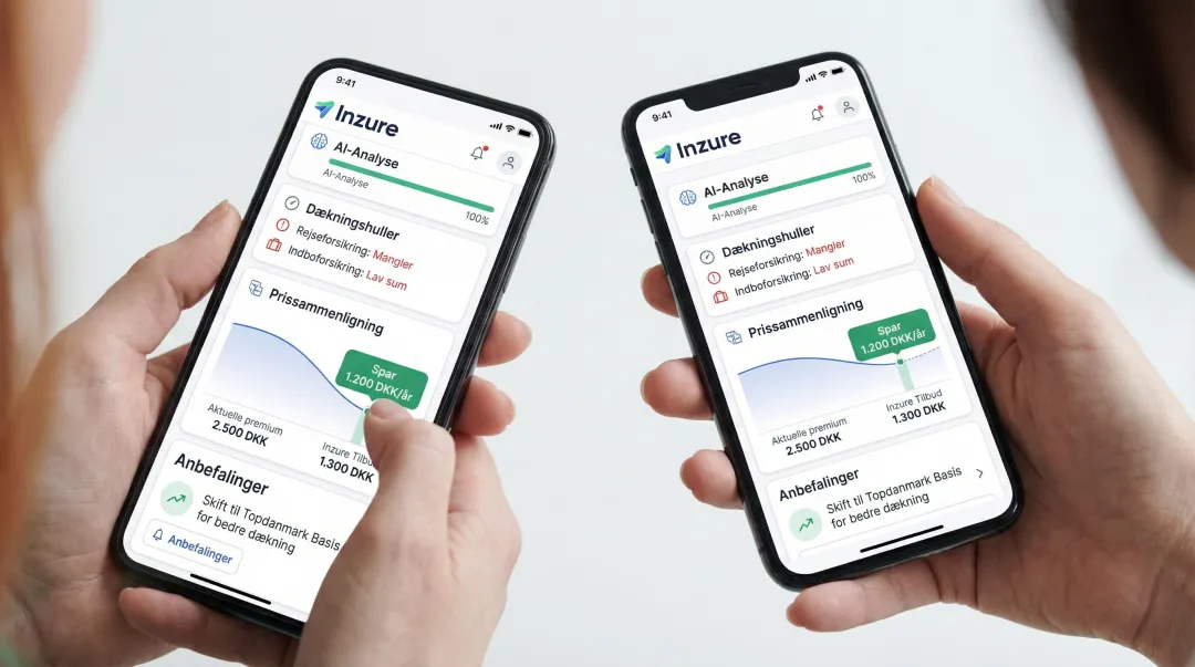 Inzure AI platform dashboard displaying insurance gap analysis results for Danish consumers