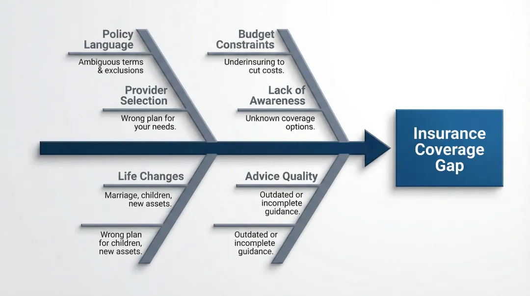 Fishbone diagram showing six root causes of insurance coverage gaps