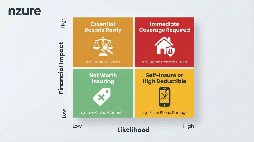 Risk assessment matrix 2x2 grid showing insurance coverage priority by likelihood and impact