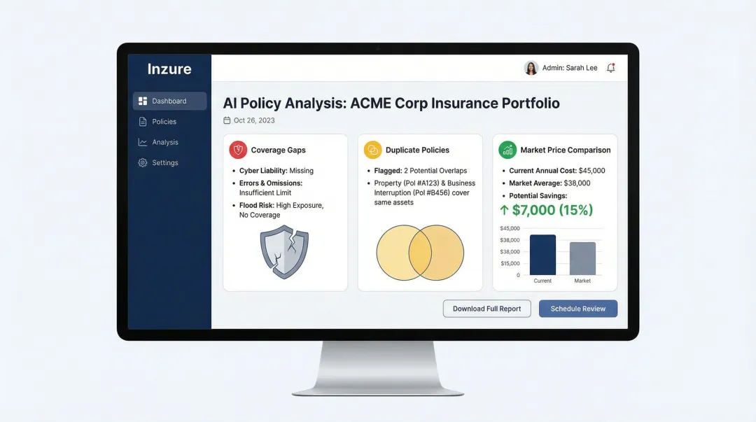 Inzure AI insurance platform dashboard displaying policy gap analysis and savings report