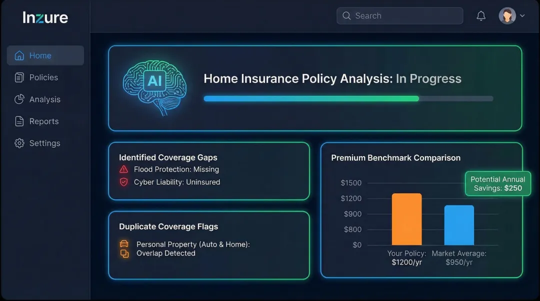 Inzure AI platform dashboard analyzing Danish home insurance policy savings results