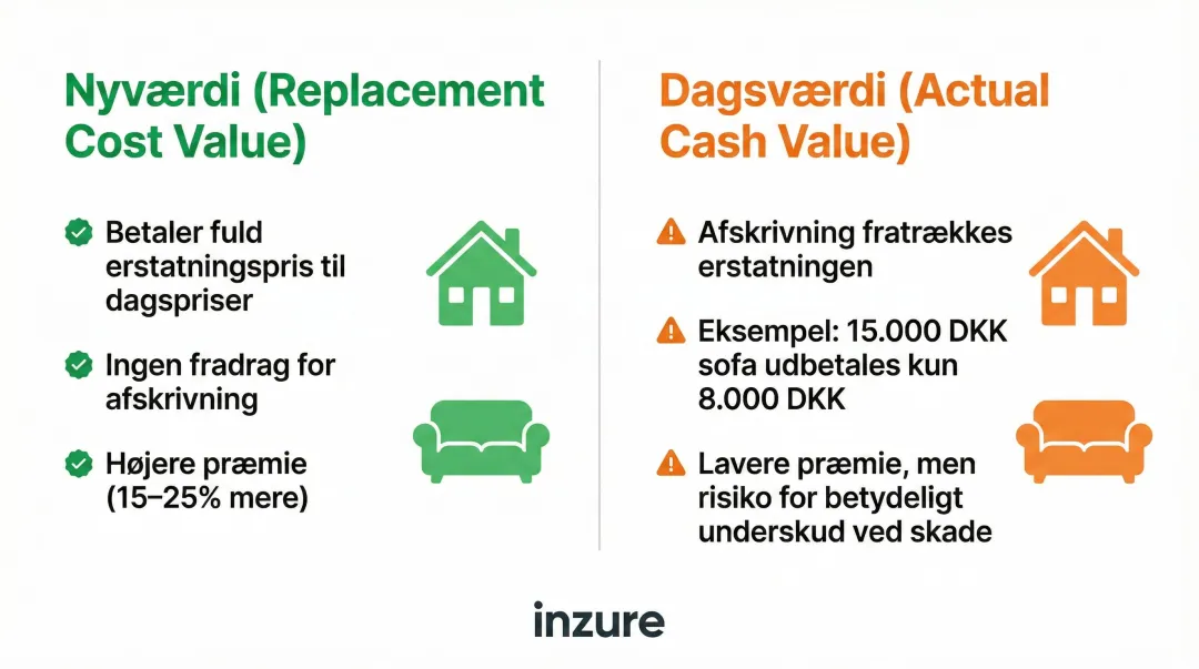Nyværdi versus dagsværdi home insurance payout comparison infographic Denmark