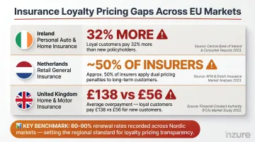 Loyalty pricing gap comparison table across Ireland Netherlands and UK insurance markets