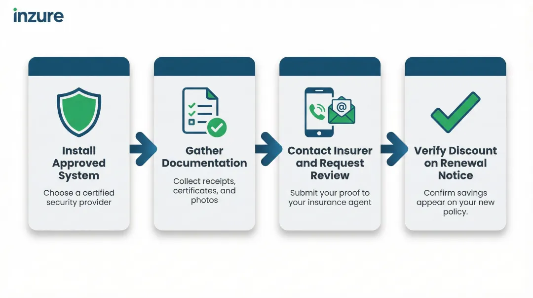 Four-step process for claiming home insurance security discount from insurer