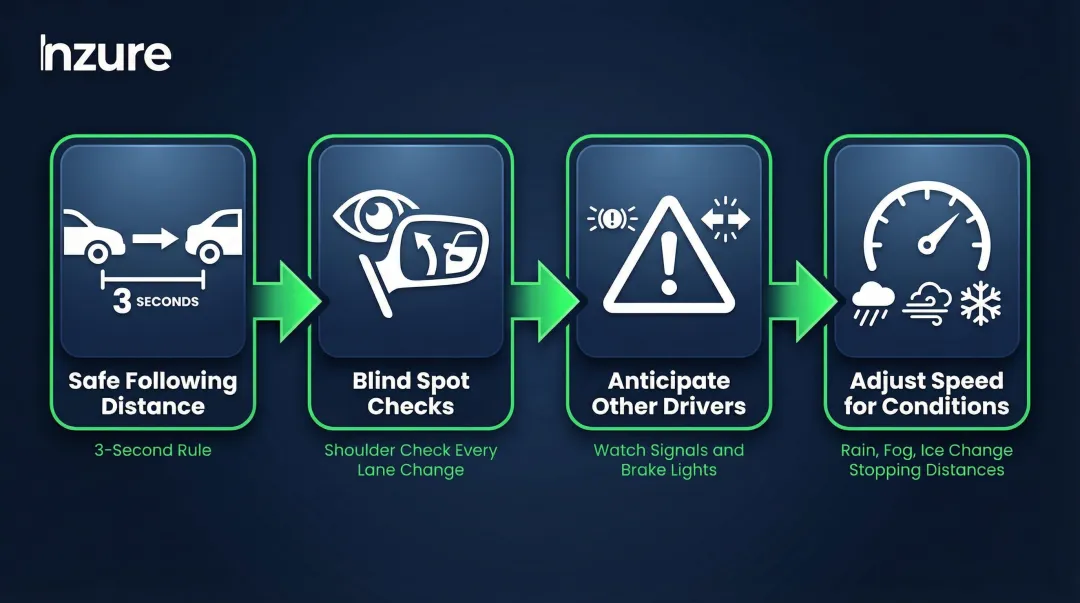 Four defensive driving habits reducing accident risk and insurance premiums infographic