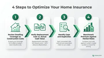 Four-step home insurance optimization process from coverage review to market benchmarking