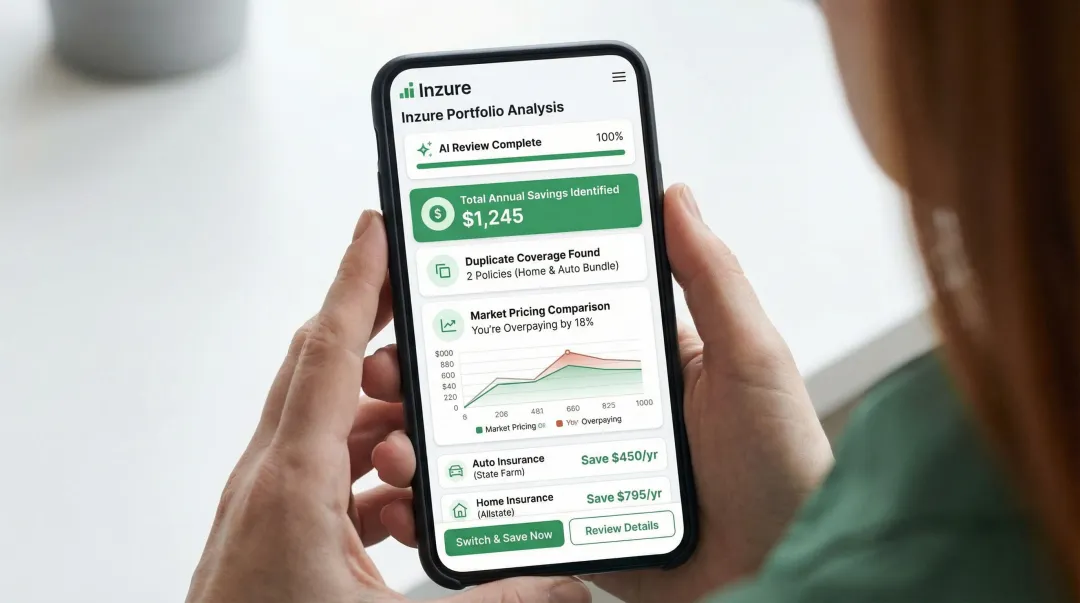 Inzure AI insurance platform displaying policy analysis savings results for Danish consumers